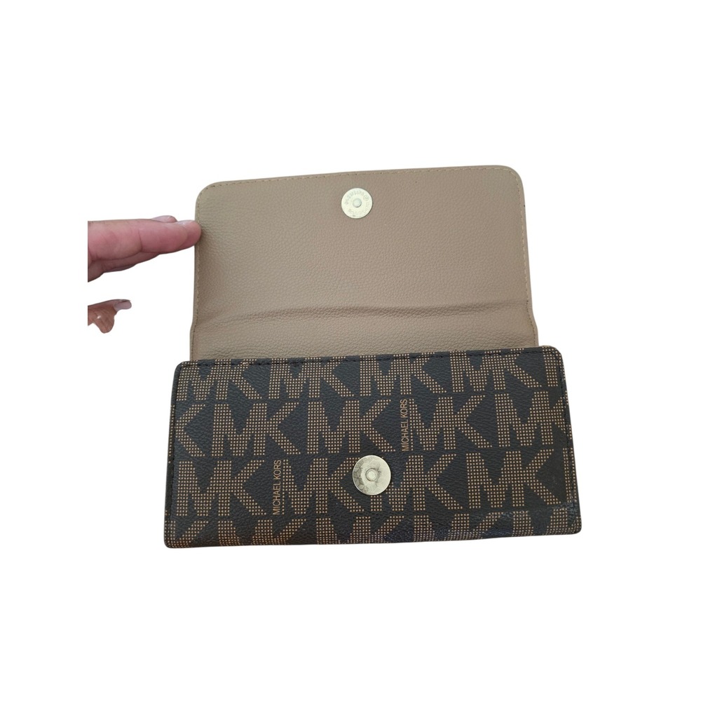 Michael Kors Fulton Flap Continental Wallet Brown Monogram MK Logo Gold Hardware - Picture 2 of 5